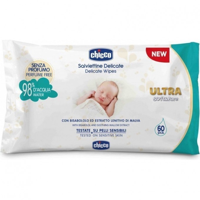 Салфетки влажные очищающие CHICCO, 60 шт без клапана, Белый 00009163610000